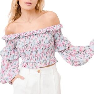 Lulus What a Joy Floral Smocked bodice Off the Shoulder Crop Top Sz XL
